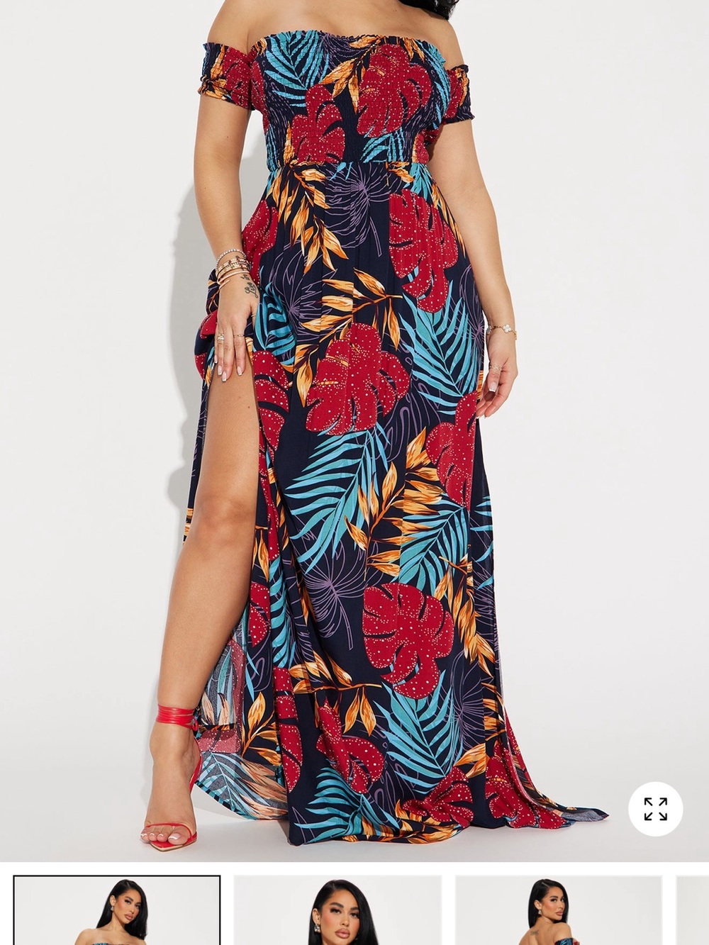 Fashion Nova Navy Off-Shoulder Maxi Dress with Red & Teal Leaf Print